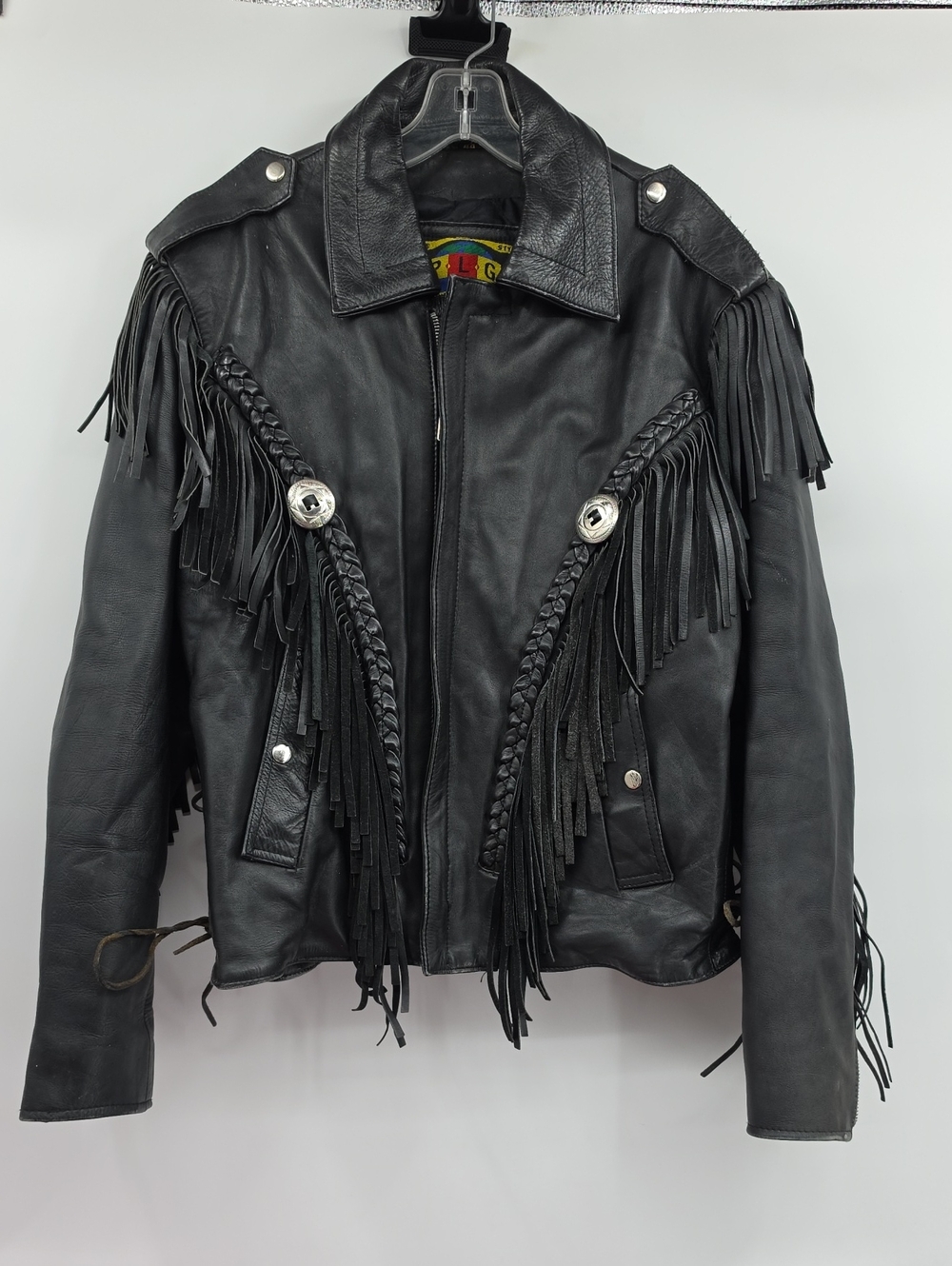 PLG Vintage Women's Black Leather Fringe Motorcycle Jacket Size 44